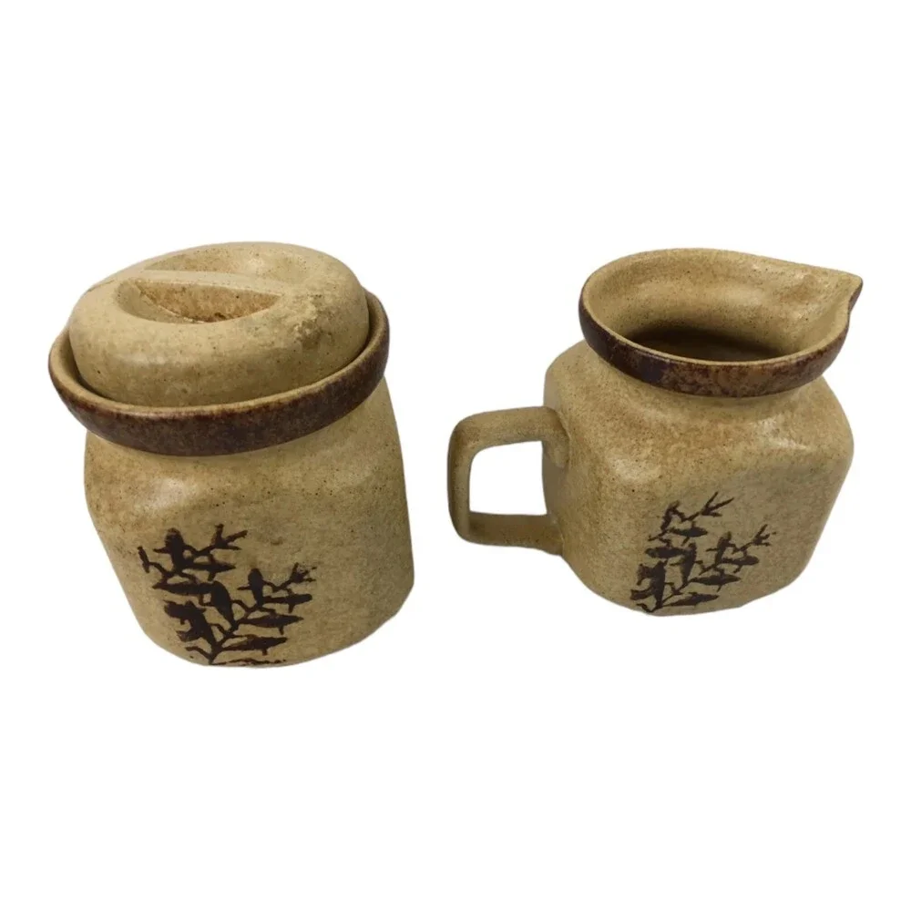 VTG Mid Century PIC USA Creamer & Sugar Bowl Set Square Stoneware Floral Pottery